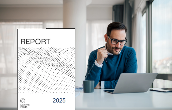 In einem hellen Besprechungsraum analysiert ein Mann mit Tablet und Kaffeetasse einen Unternehmensbericht mit dem Titel „Report 2025“.
