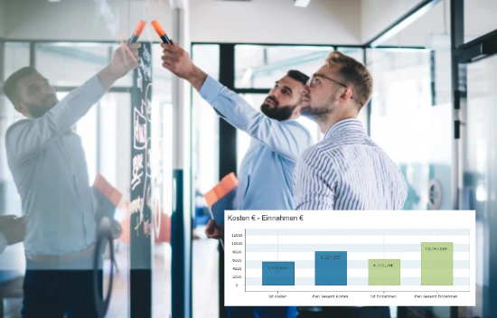 Team arbeitet an Projektstrategien und analysiert Daten aus einem PMO-Tool.