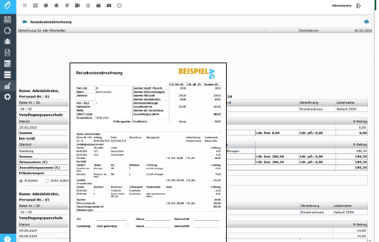 Projektcontrolling Software zeigt Übersicht und Details einer Mitarbeiter-Reisekostenabrechnung