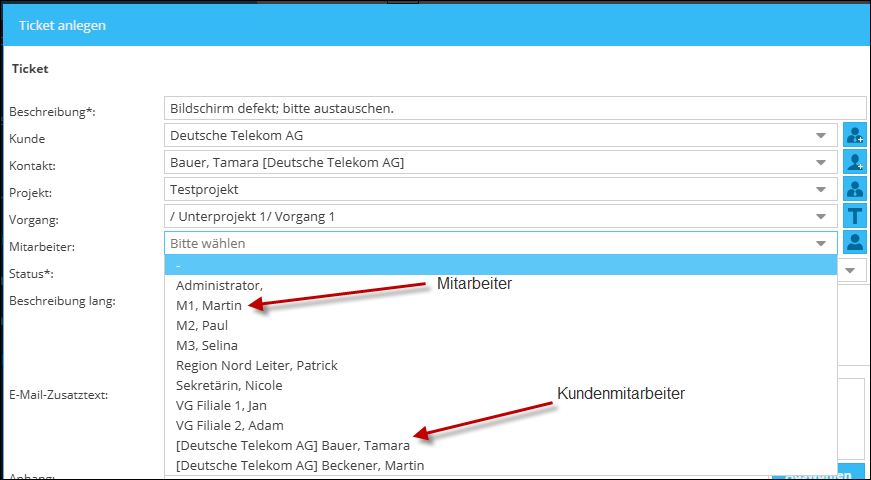 Anzeige des Mitarbeiters im TimO-Ticketsystem