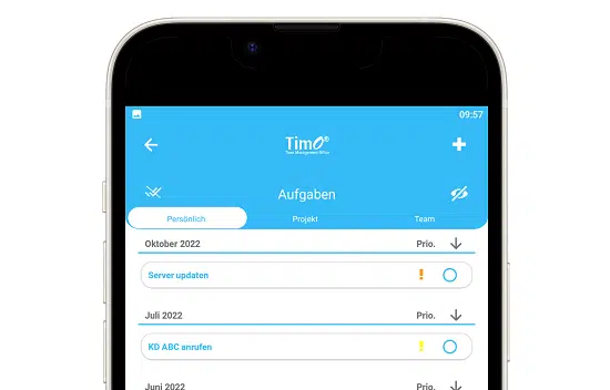 Mobile Ansicht einer Projektmanagement-App mit persönlichen und projektbezogenen Aufgaben.