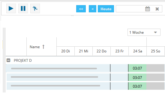 Tabellenansicht der Zeiterfassungs-App zur detaillierten Projektzeiterfassung und Planung.