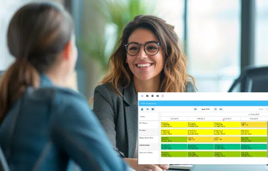 Eine Frau lächelt während eines Meetings, während eine Dienstplan-Software mit strukturierten Schichtvorlagen eingeblendet ist.
