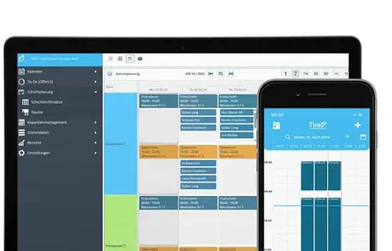 Screenshot einer Dienstplan-Software auf mehreren Geräten, die eine flexible Schichtplanung mit verschiedenen Farbmarkierungen ermöglicht.
