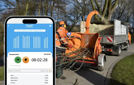 Arbeitszeit-App für den öffentlichen Dienst, genutzt während einer Baumpflege-Arbeit