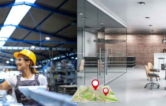 Digitale Karte mit Standortmarkierung, symbolisch für die Standortverknüpfung von Zeiterfassungsterminals.