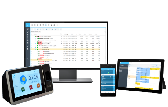 Darstellung einer Projektcontrolling Software auf verschiedenen Geräten, einschließlich Zeiterfassungssystem