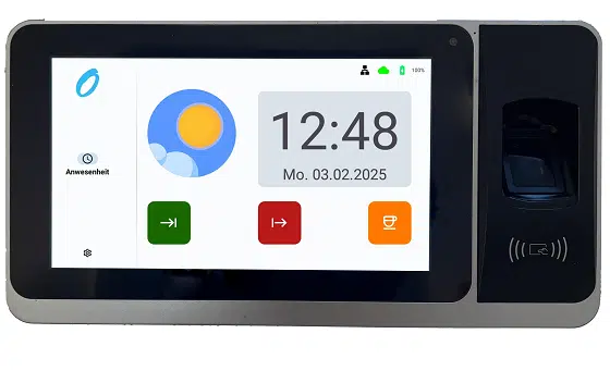 Zeiterfassungsgerät mit Fingerabdrucksensor und beleuchtetem Display in Verwendung.