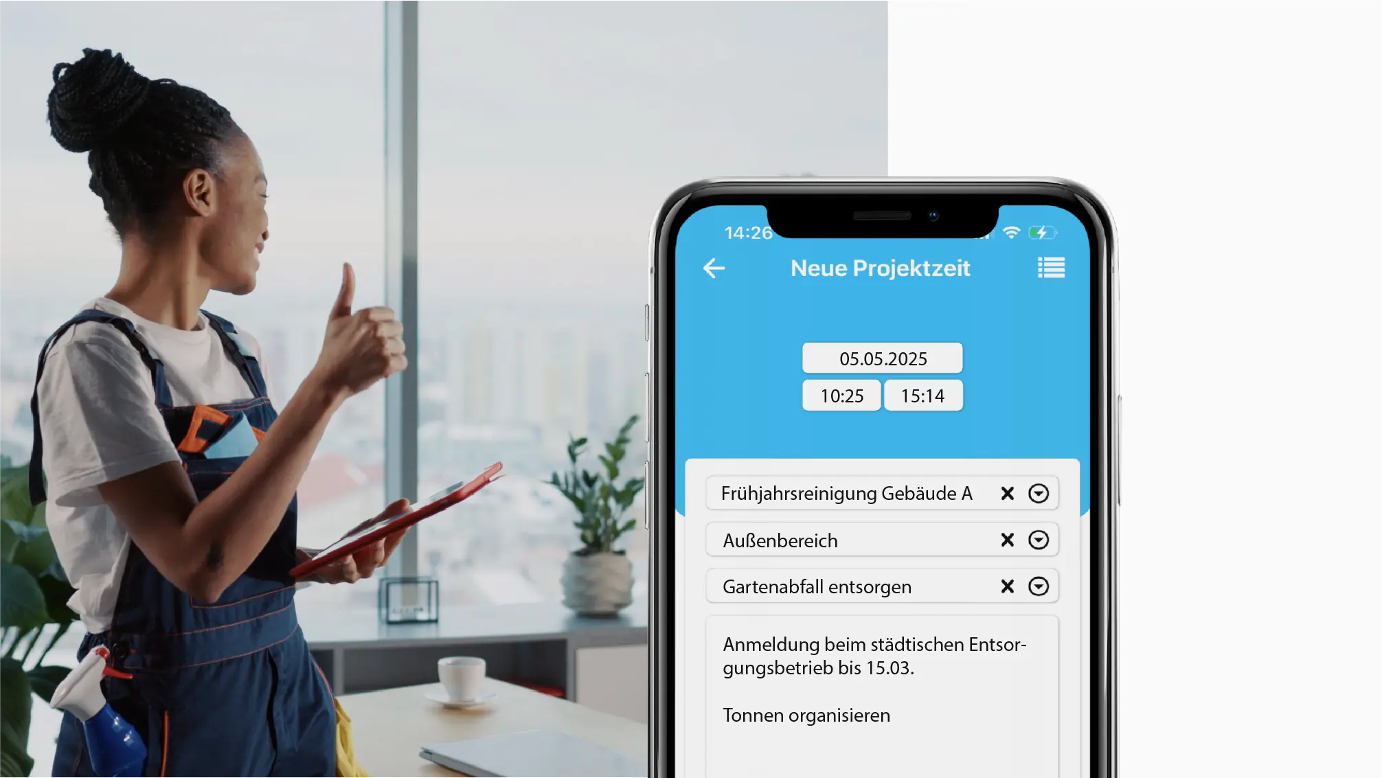 Projektzeiterfassung und Zeiterfassung Hausmeister kombiniert: Frau dokumentiert Arbeitsschritte digital.