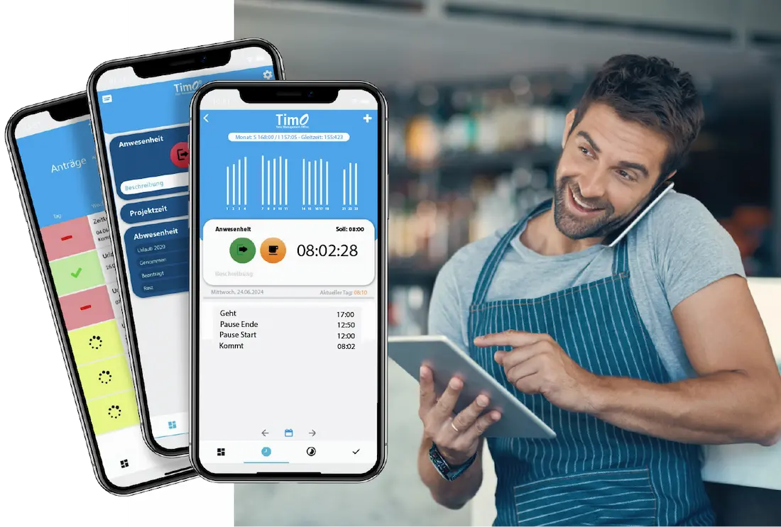 Darstellung einer Zeiterfassungs-App für die Gastronomie auf dem Smartphone, im Hintergrund ein lächelnder Kellner mit Tablet und Telefon.