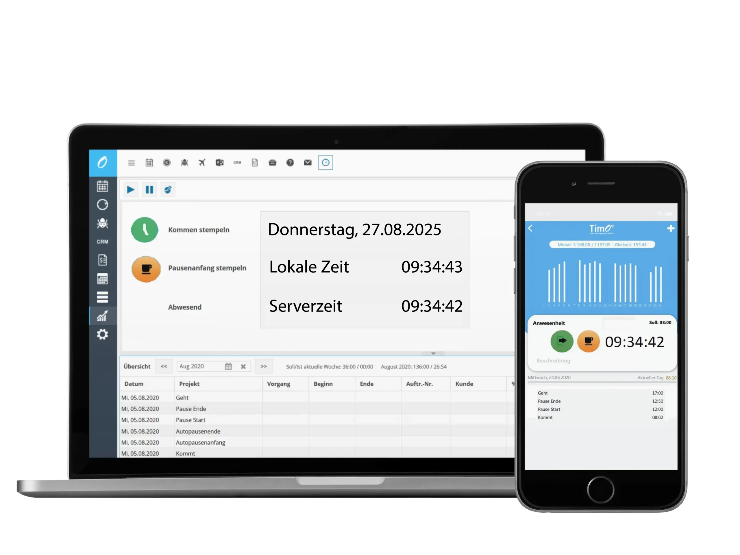 Übersichtliche Zeiterfassung Hausmeister auf mobilen und stationären Geräten mit Datum und Arbeitszeiten.