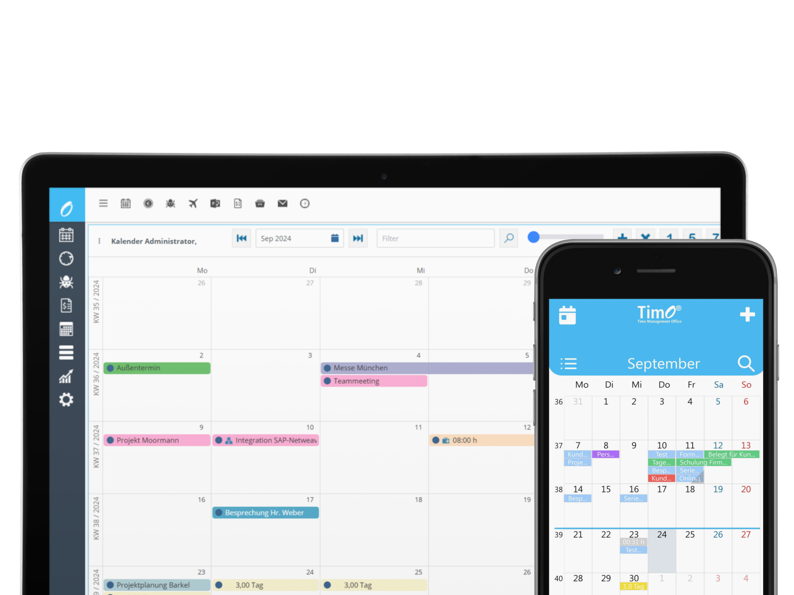 Zeiterfassung Hausmeister: Digitale Kalenderübersicht für Einsatzplanung auf Laptop und Smartphone.