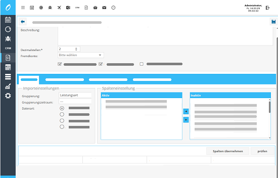 Benutzeroberfläche einer Rechnungssoftware mit Import- und Spalteneinstellungen.