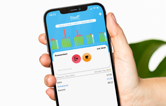 Die mobile Projektzeiterfassung App zeigt auf einem Smartphone Arbeitszeiten, Pausen und eine Balkendiagramm-Übersicht.
