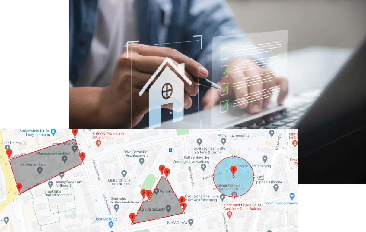 Zeiterfassung Hausmeister: Stadtkarte mit definierten Arbeitszonen und markierten Kontrollpunkten.