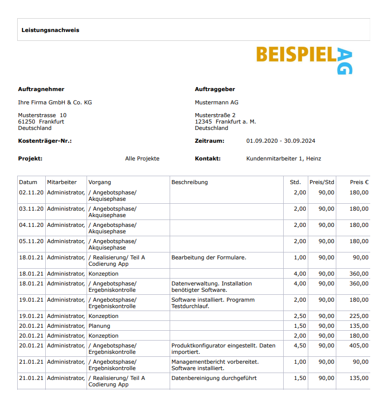 Ein tabellarischer Stundennachweis mit Datum, Tätigkeiten und Kostenübersicht, generiert aus einer Projektzeiterfassung App.