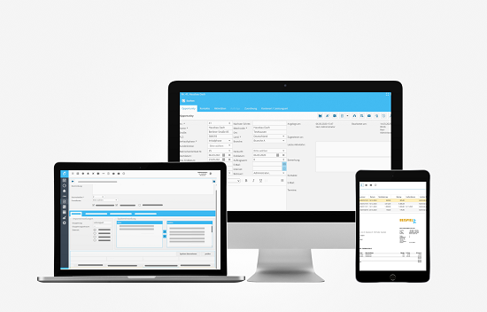 Rechnungssoftware dargestellt auf Laptop, PC und Tablet für plattformübergreifende Nutzung.