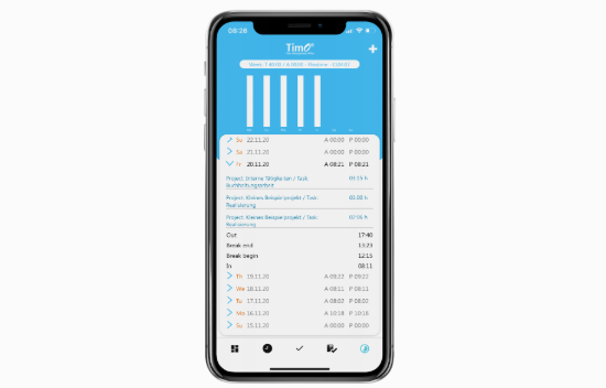 Mobile Ansicht einer Projektzeiterfassung App mit Balkendiagramm und erfassten Arbeitszeiten nach Tagen.