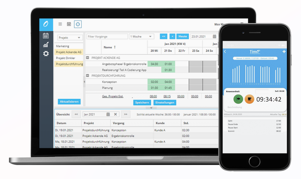 Darstellung der Benutzeroberfläche des TimO Projektzeiterfassung-Tools auf Laptop und Smartphone