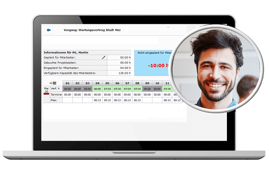 Die Ressourcenplanung-Software zeigt die Verfügbarkeit eines Mitarbeiters mit detaillierten Zeitbuchungen.