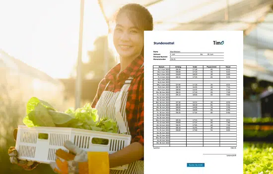 Eine Landwirtin hält eine Erntekiste, während ein digitaler Arbeitszeitnachweis für landwirtschaftliche Tätigkeiten eingeblendet ist.