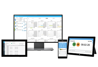 Zeiterfassung für Hausmeister auf Monitor, Tablet und Smartphone dargestellt.