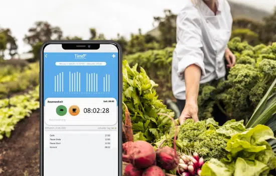 Digitale Zeiterfassung in der Landwirtschaft: Ein Smartphone zeigt eine Arbeitszeiterfassungs-App, während eine Landwirtin frische Ernte sammelt.