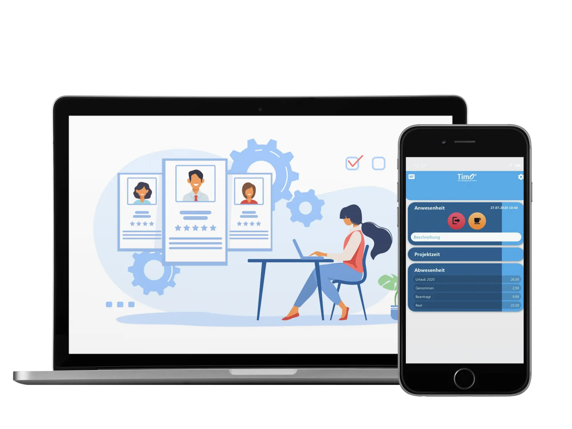 Digitale Zeiterfassung Pflege auf Smartphone und Laptop mit Fokus auf Anwesenheit und Projektzeit.