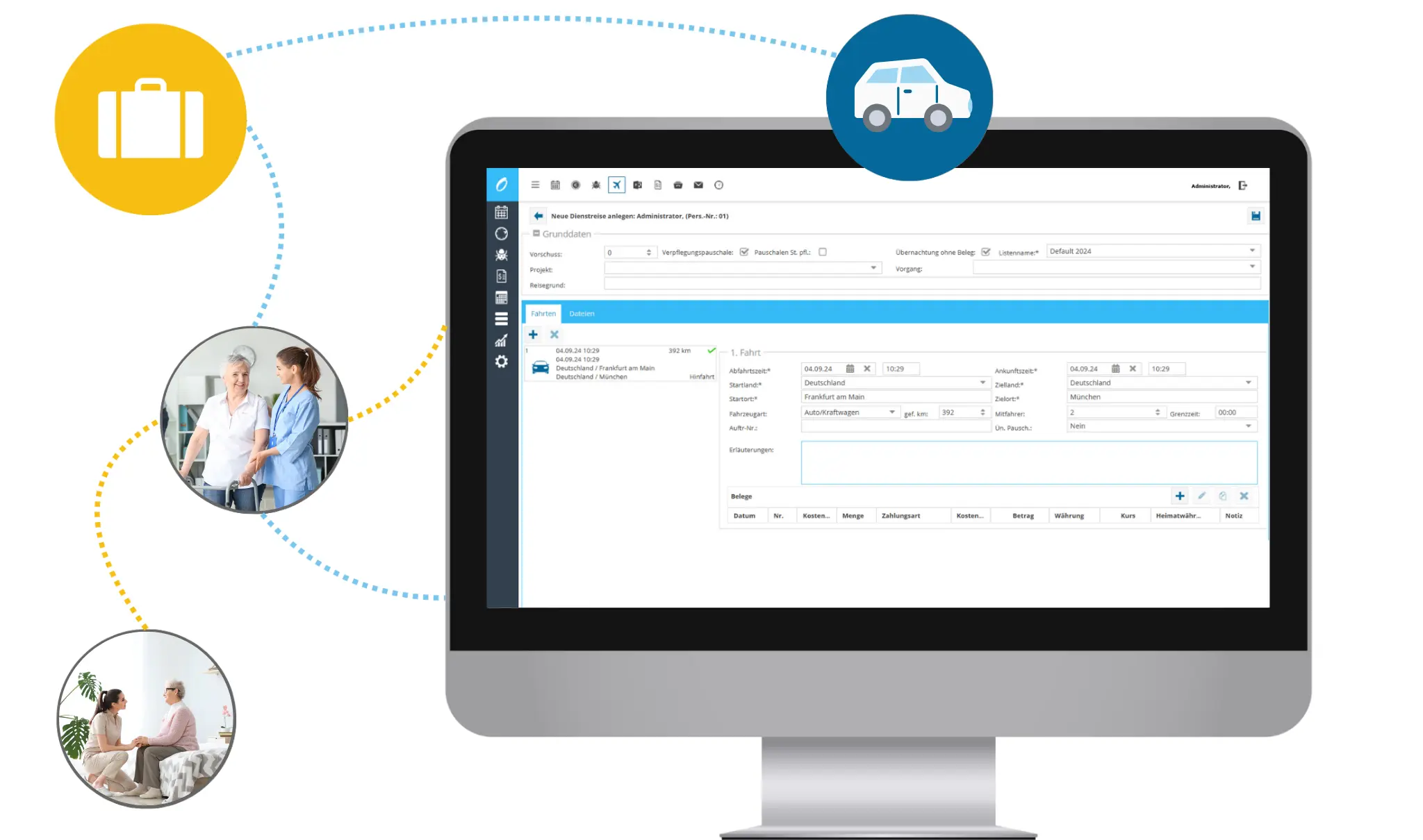 Pflegekräfte in der mobilen Betreuung erfassen Zeiten und Fahrten digital – Zeiterfassung Pflege im Außendienst.