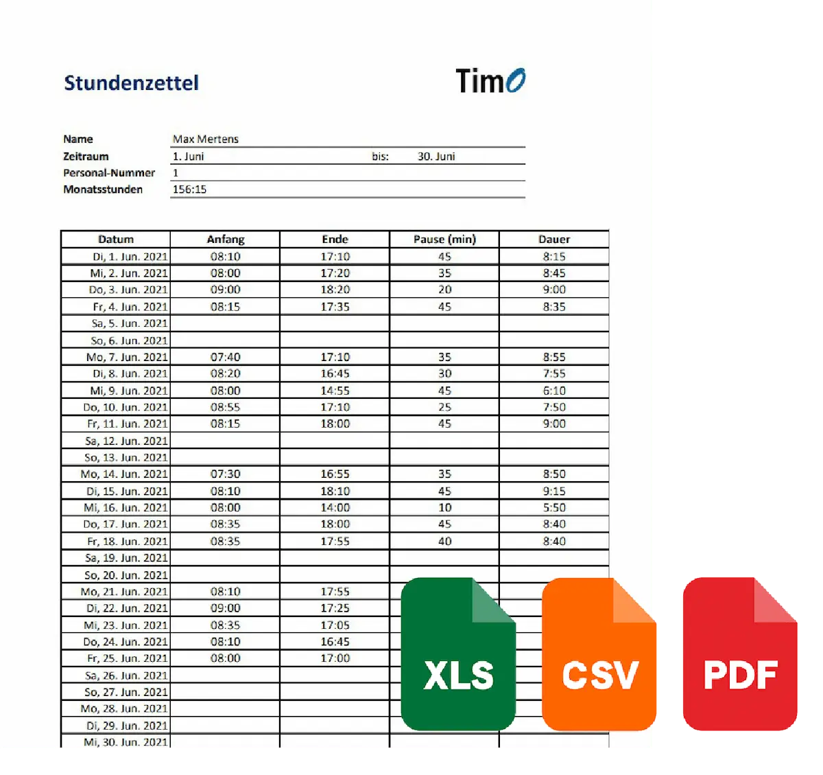 Stundenzettel mit Arbeitszeiten als Nachweis für die Zeiterfassung Pflege, exportierbar als XLS, CSV oder PDF.