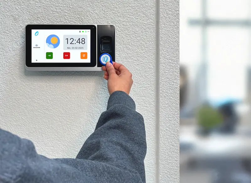 Moderne Zeiterfassung Pflege per RFID-Chip an einem digitalen Terminal an der Wand.
