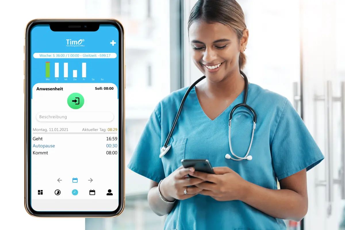 Zeiterfassung Pflege leicht gemacht: Pflegekraft erfasst ihre Arbeitszeiten bequem per App am Handy.