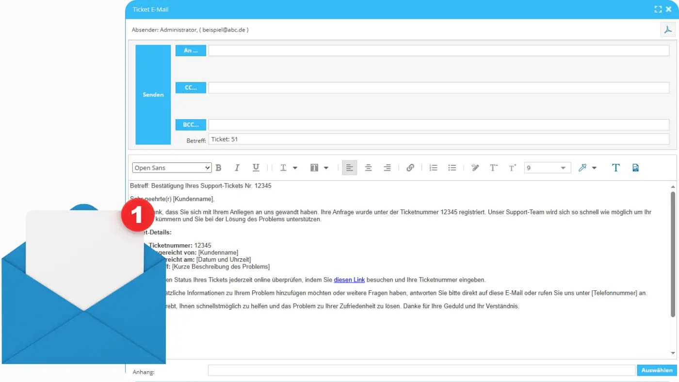 Ticketantwort im online ticketsystem mit Platzhaltern für Ticketnummer, Name und Problembeschreibung