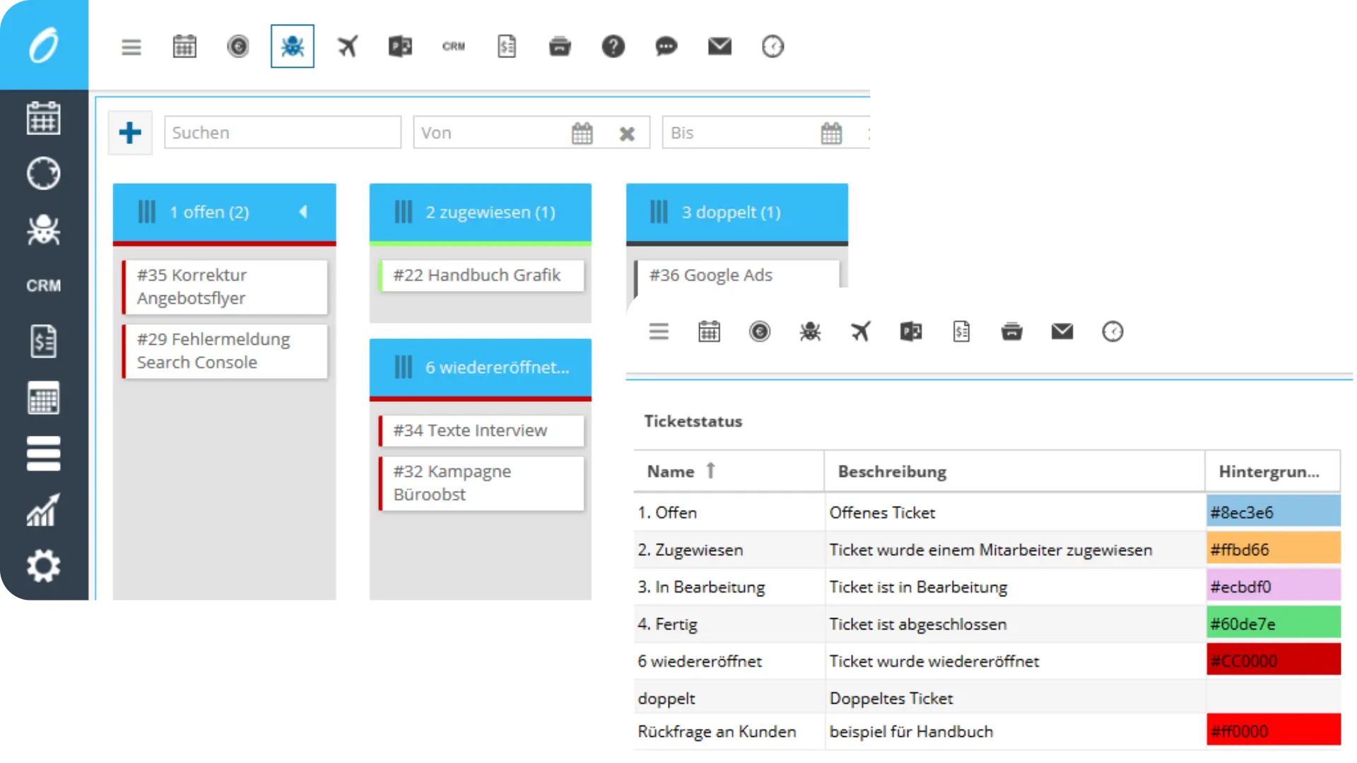 Darstellung eines online ticketsystems mit Statusübersicht und Farbcodes zur Ticketkategorisierung.
