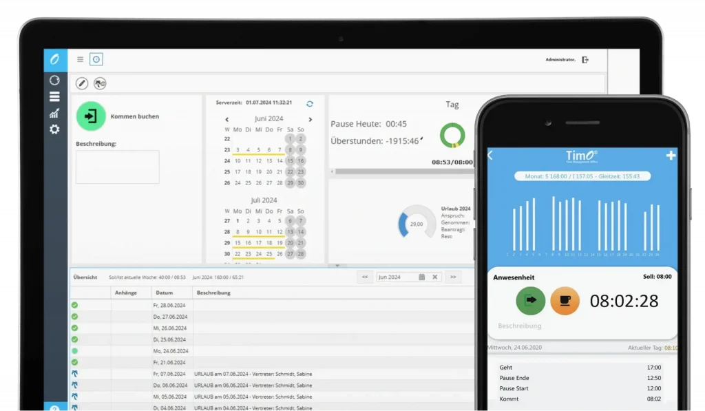 TimO Zeiterfassungssystem mit Zeiterfassung per Browser, Tablet, App oder Terminal