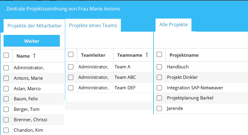 Mitarbeiter Team und Projektauswahl bei Zuordnung von Projekten