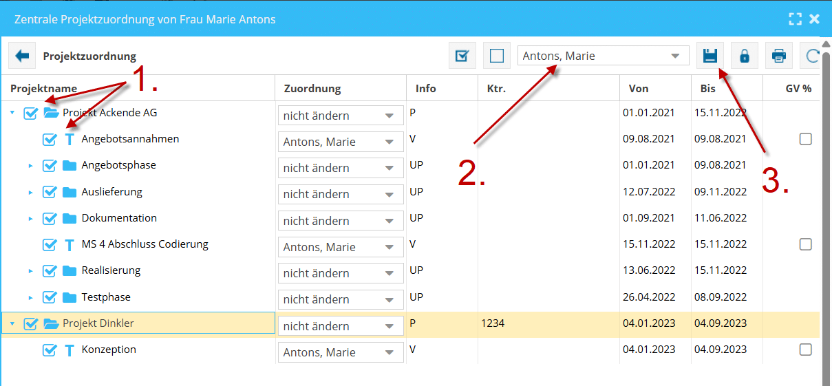 Zuordnungsmaske von Mitarbeiter zum Projekt oder Vorgang