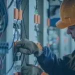 Eine Zeiterfassung App auf einem Handy wird vor einer Technikerin eingeblendet, die an einer elektrischen Anlage arbeitet.