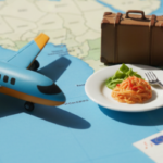 Miniaturmodelle von Flugzeug, Koffer, Taxi, Essen und Geld auf einer Weltkarte symbolisieren den Verpflegungsmehraufwand 2026 bei Geschäftsreisen.