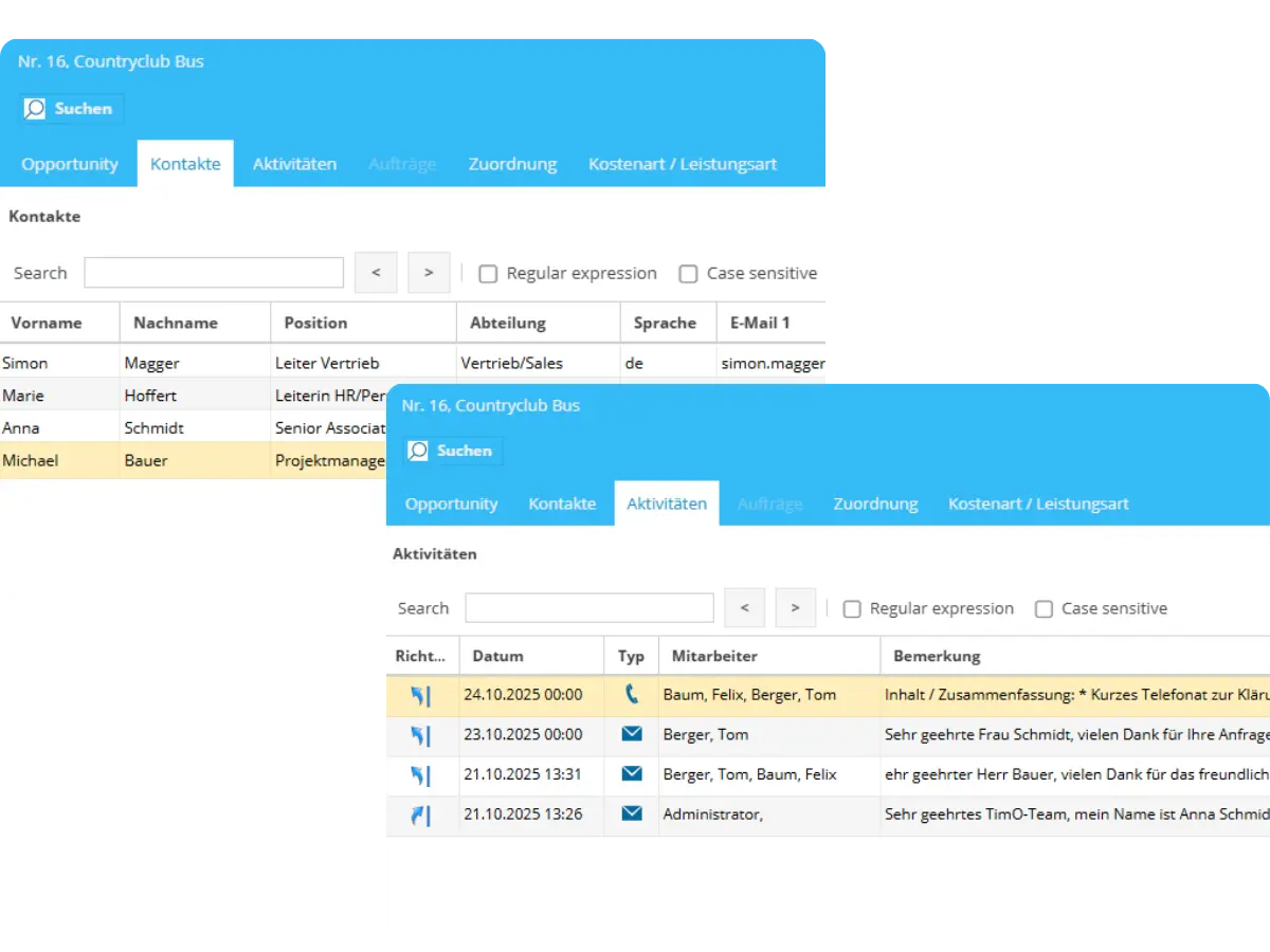 Verwaltungsoberfläche einer sales pipeline software mit Einträgen zu Kundenkontakten und Vertriebsaktivitäten.