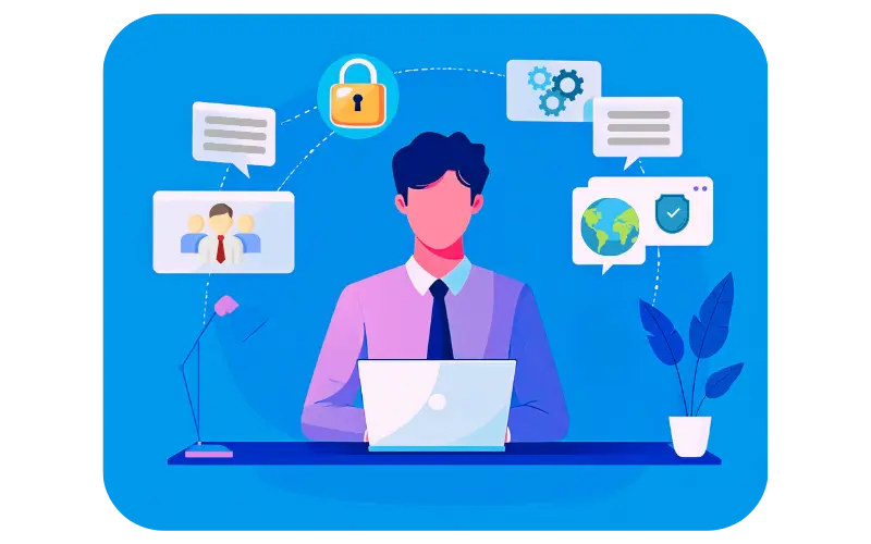 Illustration eines Geschäftsmanns am Laptop mit Symbolen für Datenschutz, Teamarbeit und Automatisierung in einer sales pipeline software