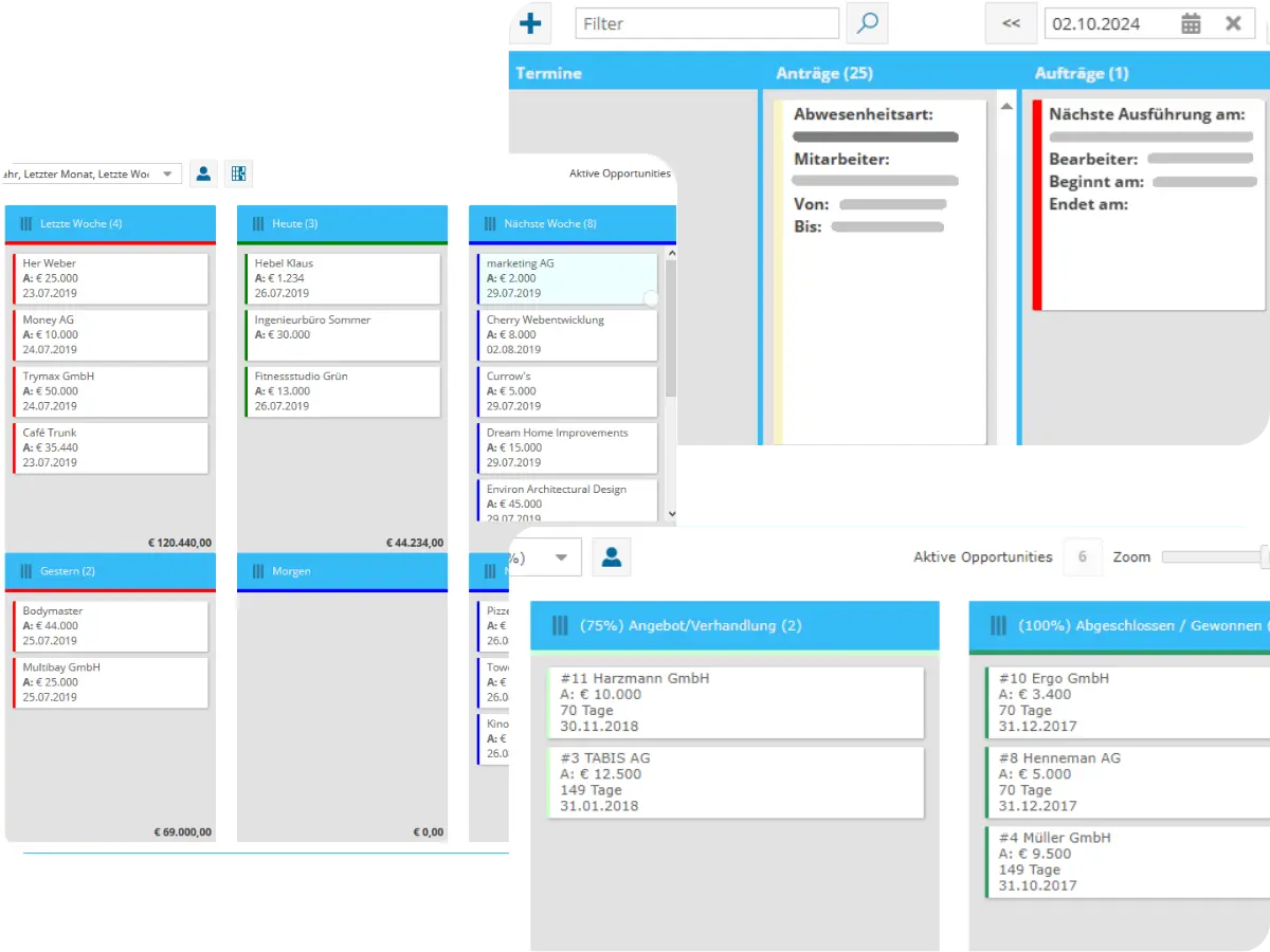 Übersicht von Opportunities und Aufgaben in einer sales pipeline software mit strukturierter Darstellung nach Zeiträumen.