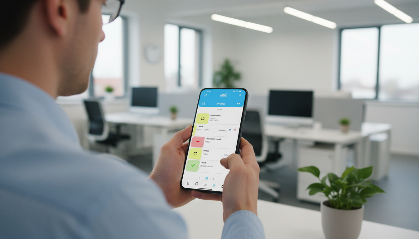 mitarbeiter nutzt schichtplaner app am telefon im office