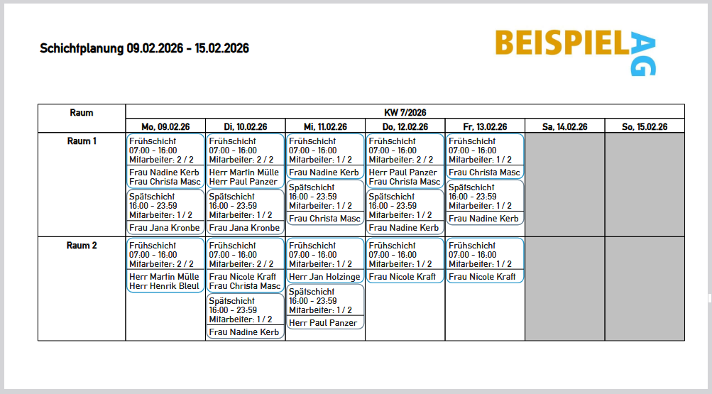 csv pdf schichtplaner mit verschiedenen schichten und mitarbeitern