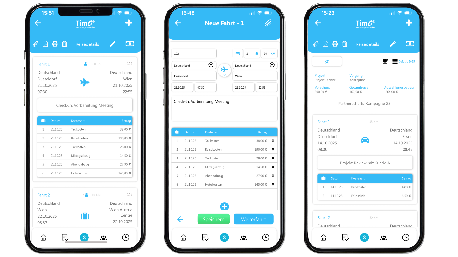 Mobile Oberfläche einer Reisekostenabrechnung Software mit Eingabe von Fahrtstrecken, Reisekosten und Belegen auf dem Smartphone.