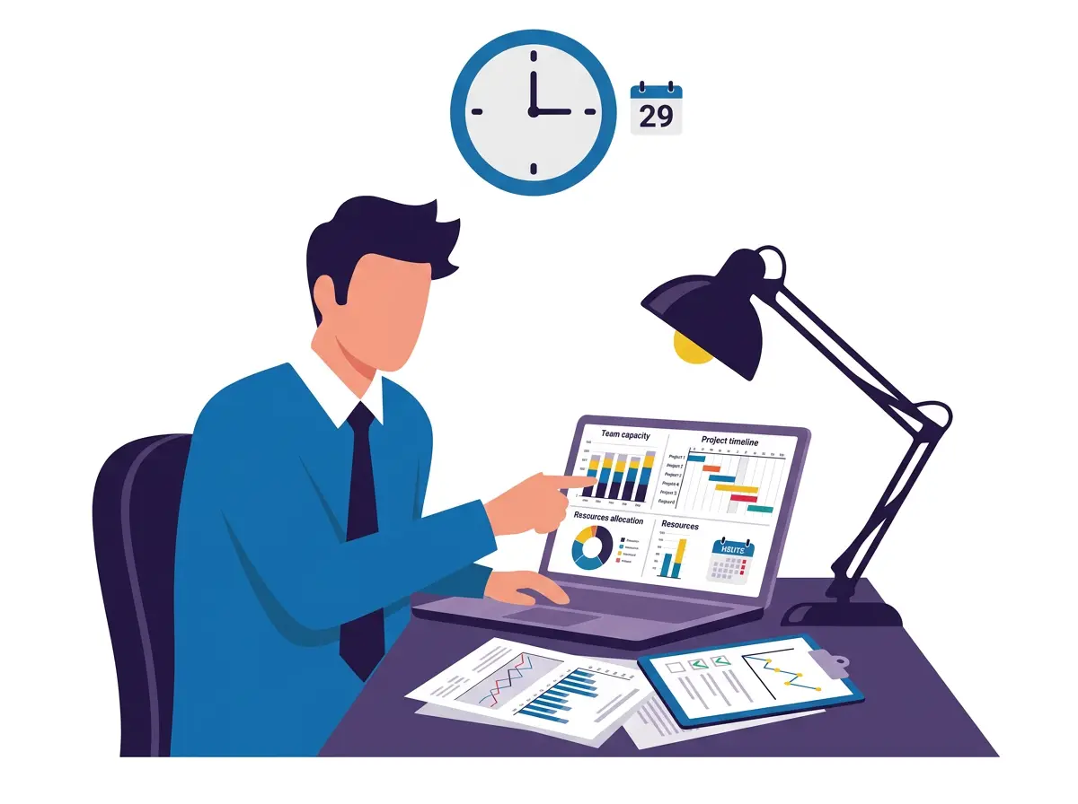 Illustration eines Managers, der auf dem Laptop Projekt- und Kapazitätsdiagramme in einer Personaleinsatzplanung Software betrachtet.