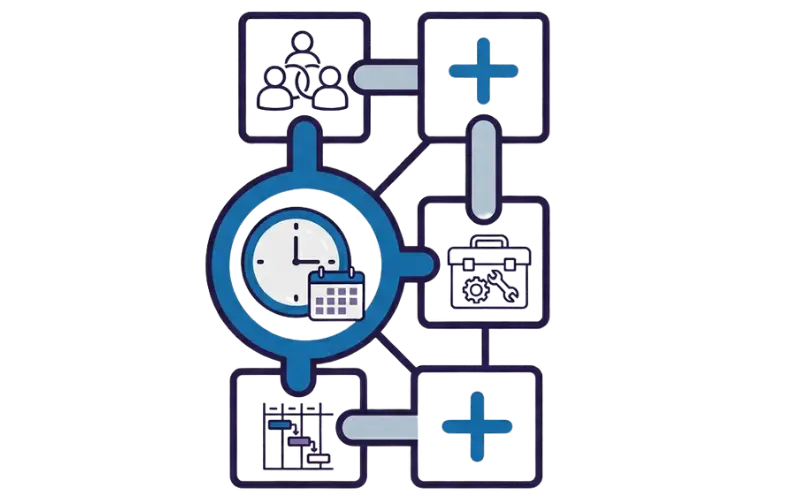 Netzwerkdiagramm mit Uhr- und Team-Symbolen zur Darstellung von Funktionen einer Personaleinsatzplanung Software.