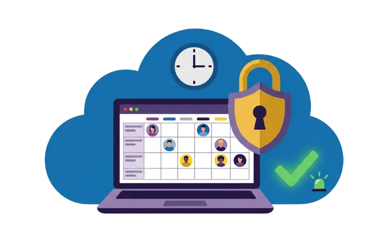 Laptop mit Teamkalender vor Cloud-Symbol und Schloss als Darstellung einer sicheren Personaleinsatzplanung Software.