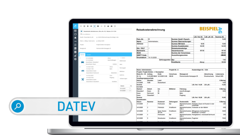 Laptop mit geöffneter Reisekostenabrechnung Software und DATEV-Integration zur Verarbeitung von Reisekostenabrechnungen.