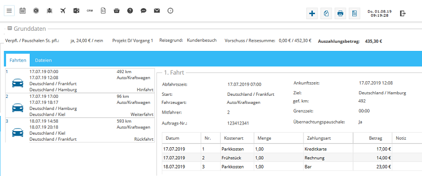 Benutzeroberfläche zur Verwaltung von Fahrten, Parkkosten und Reisedaten in einer Reisekostenabrechnung Software.
